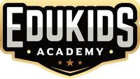 The logo for edukids academy is a black and gold logo with three stars.