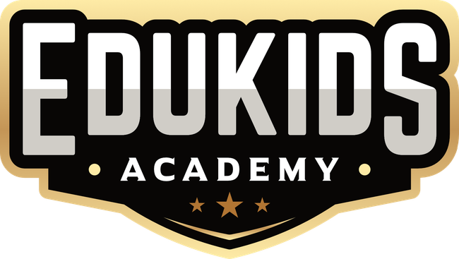 The logo for edukids academy is a black and gold logo with three stars.