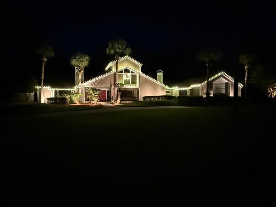 Illuminated house at night with palm trees and a dark lawn in front