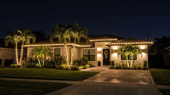 Well-lit suburban house at night with palm trees, driveway, and landscaped front yard