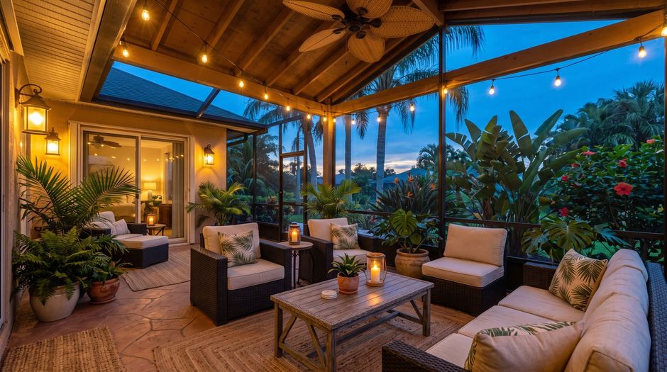 Covered outdoor patio with wicker seating, warm lantern light, and tropical plants at dusk