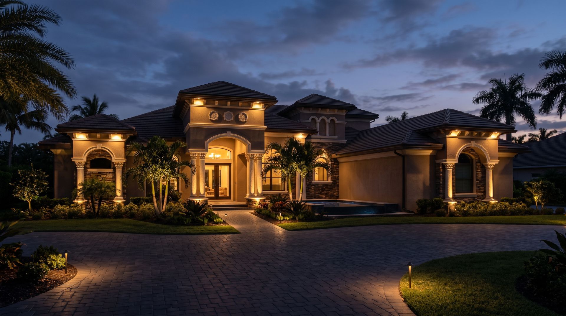 Luxury Mediterranean-style mansion lit at dusk, with palm trees and a curved driveway.
