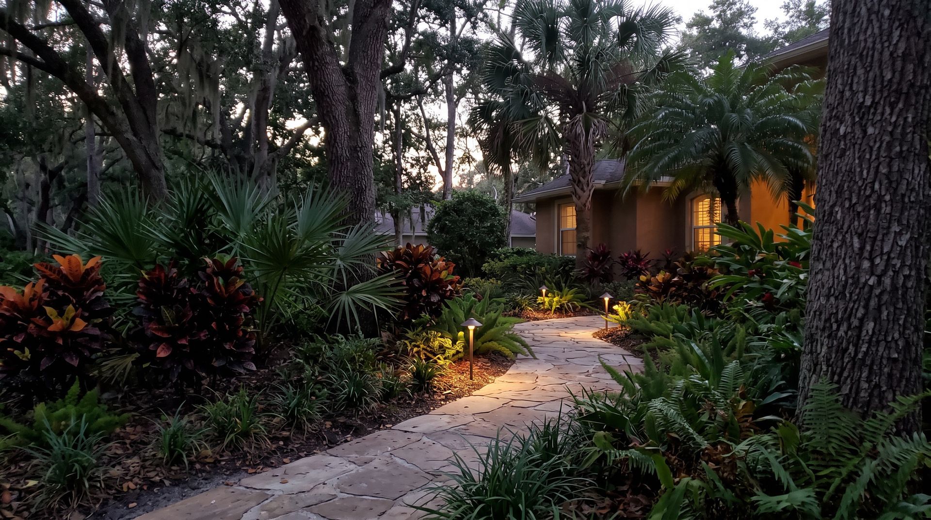 Lit garden path curving through tropical plants toward a small house at dusk