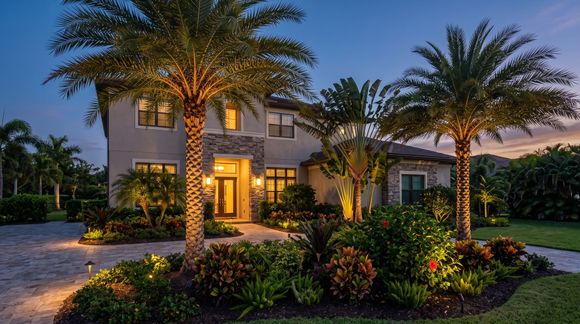 Luxurious two-story house with lit entrance, palm trees, and landscaped garden at dusk