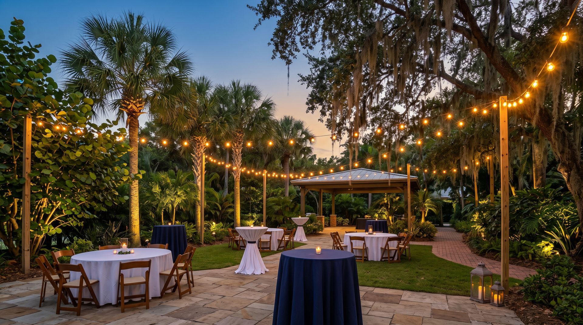 Outdoor garden dinner setup with round tables, white chairs, and warm string lights at dusk