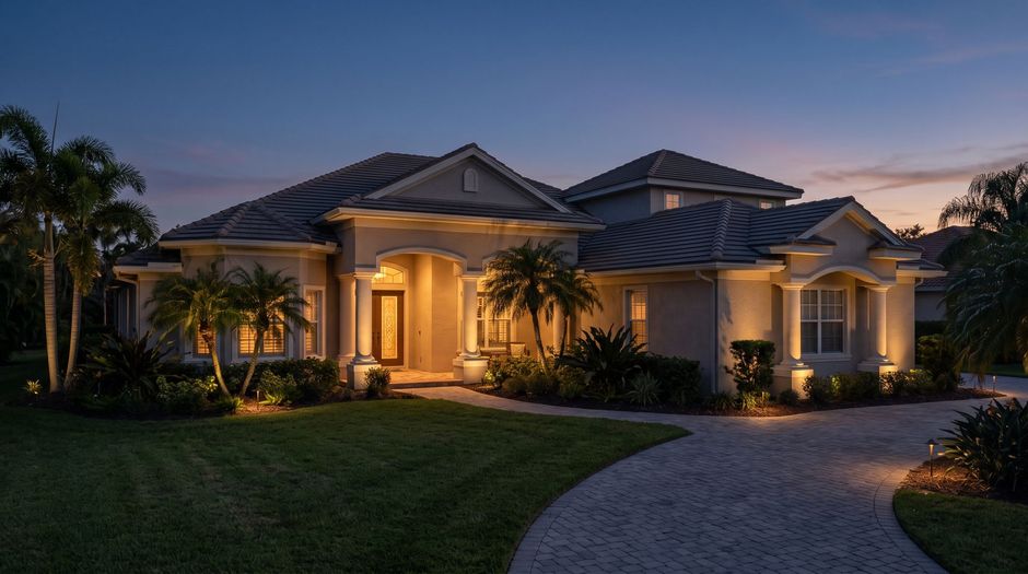 Luxury house at dusk with warm porch lights, palm trees, and a curved driveway.
