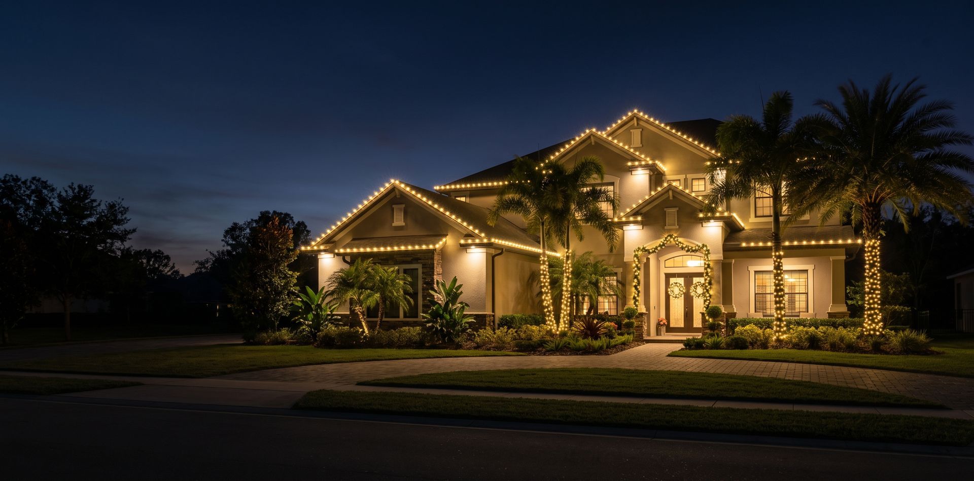 Luxury house at night with warm exterior lights, palm trees, and a landscaped front yard