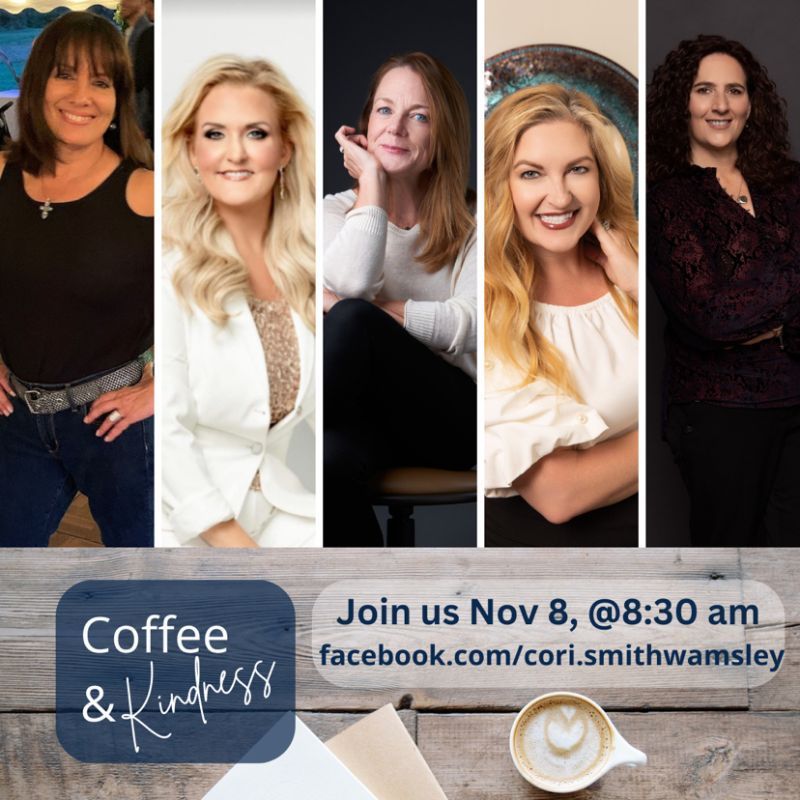 Five women smiling, advertising a "Coffee & Kindness" event, Nov 8, @8:30 am.