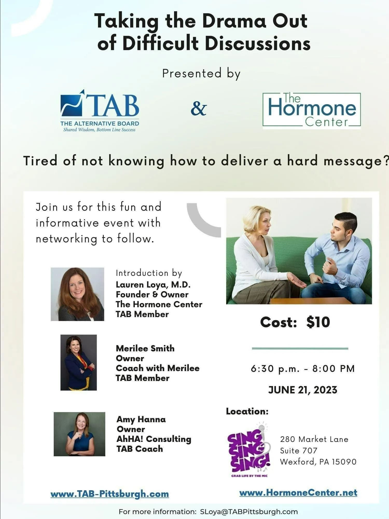 Flyer for a workshop on handling difficult discussions. Features presenters, a couple, and logos.