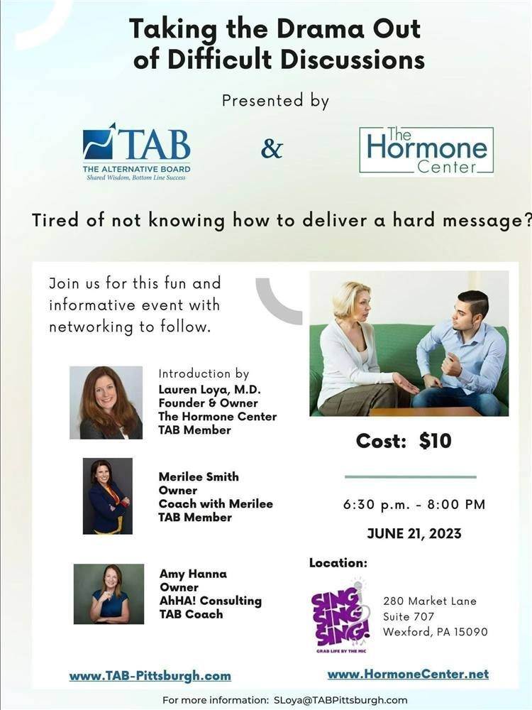 Flyer for a workshop on handling difficult discussions. Features presenters, a couple, and logos.