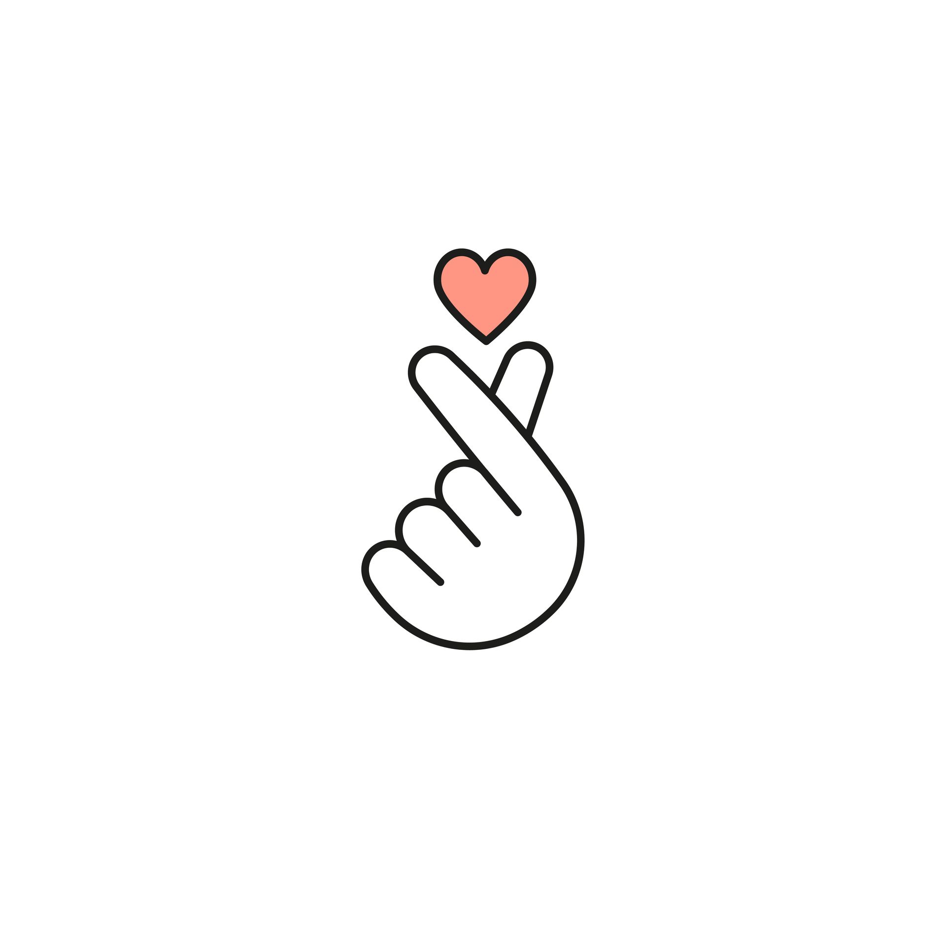 Hand making a finger heart gesture with a pink heart above it.