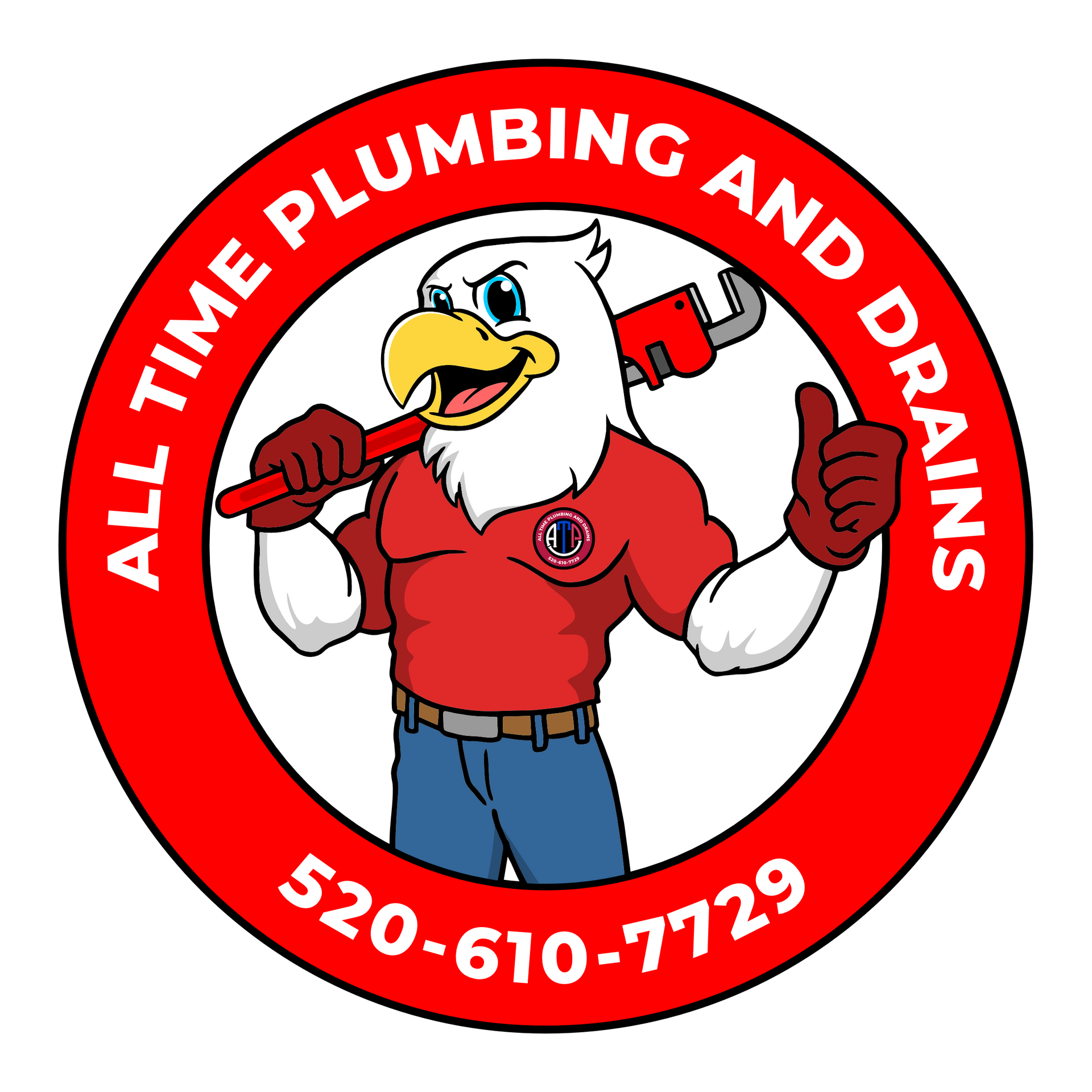 A logo for all time plumbing and drains with an eagle holding a wrench