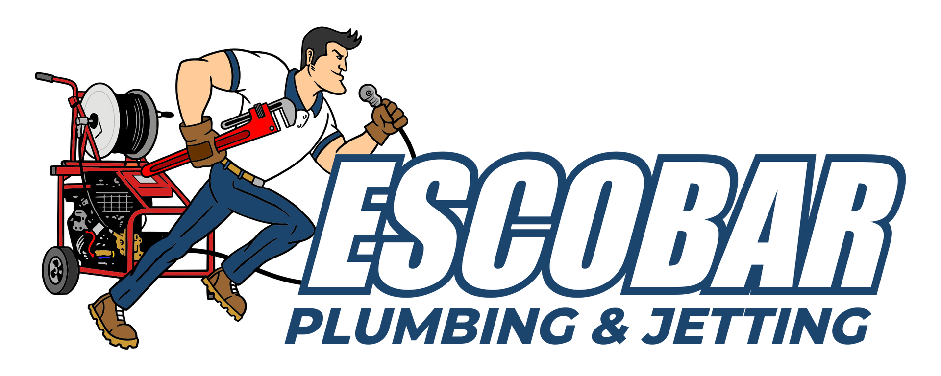 A logo for escobar plumbing and jetting with a man holding a hose