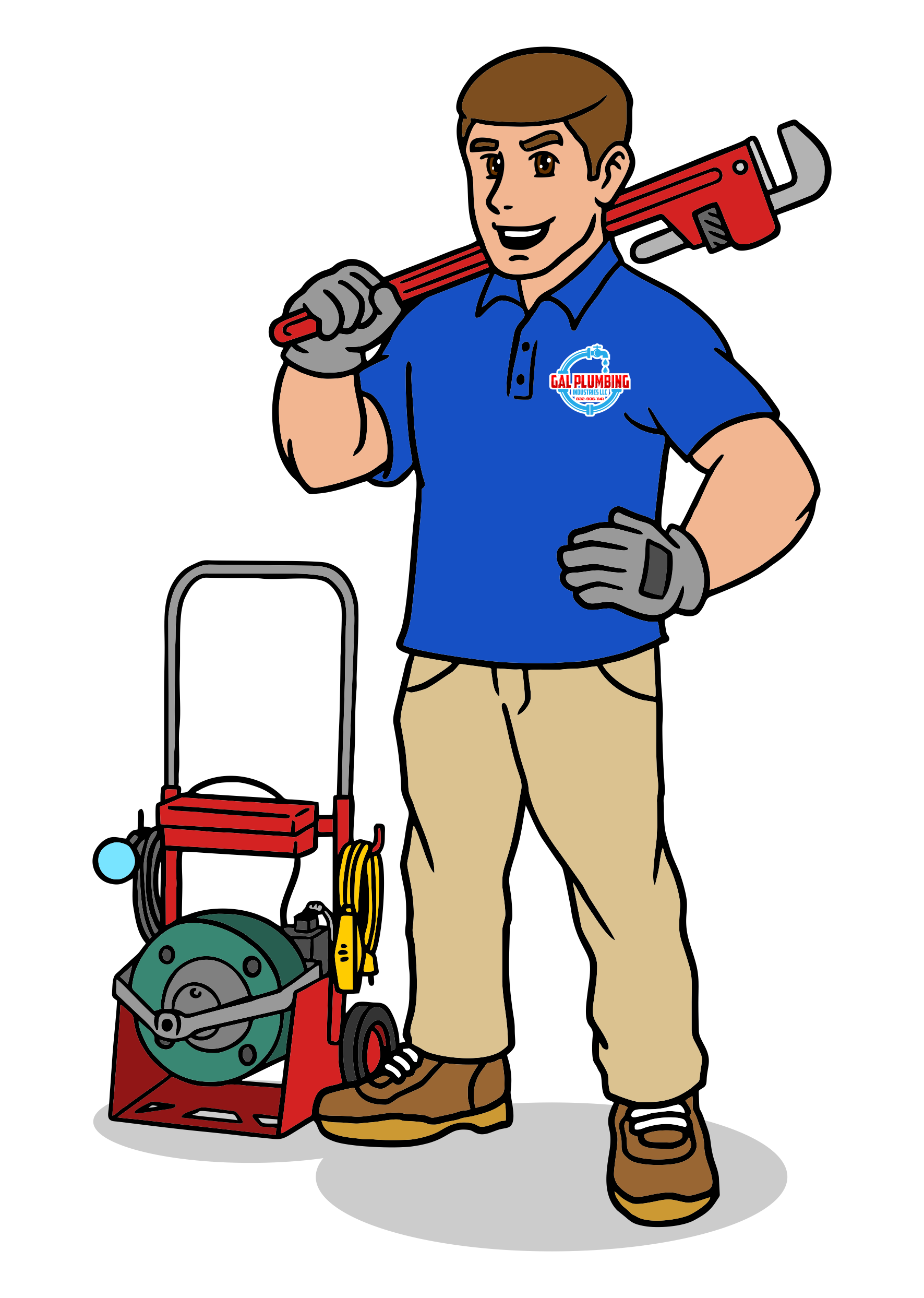 A cartoon of a plumber holding a wrench over his shoulder.