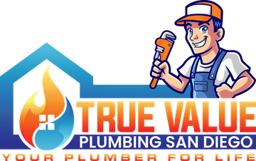 The logo for true value plumbing san diego shows a plumber holding a wrench.