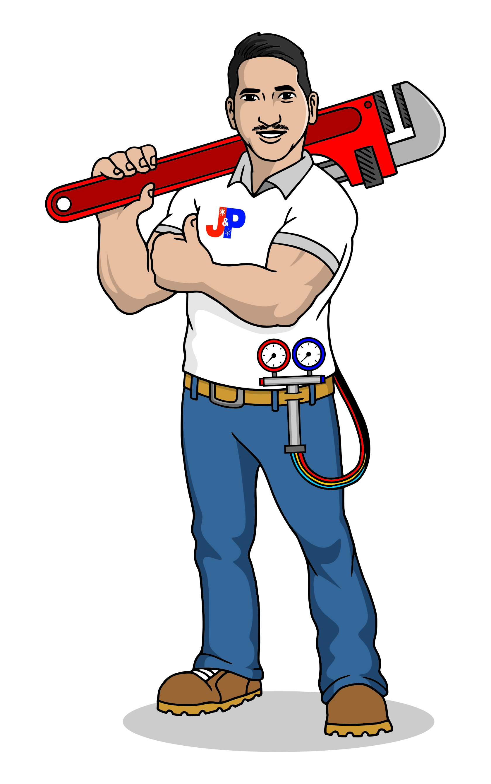 A man is holding a large wrench over his shoulder.
