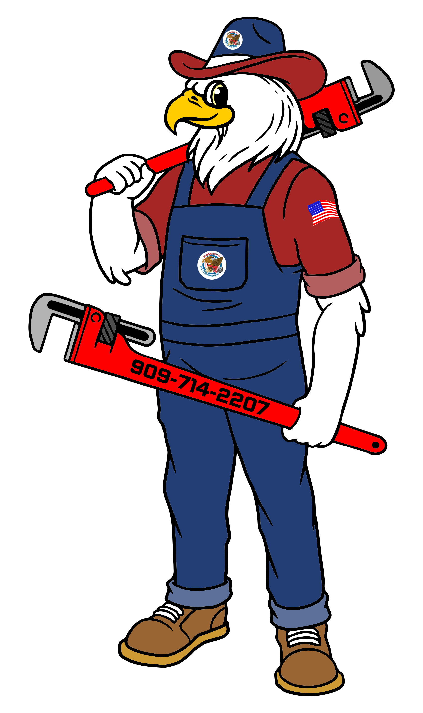 A bald eagle is holding a wrench on his shoulder.
