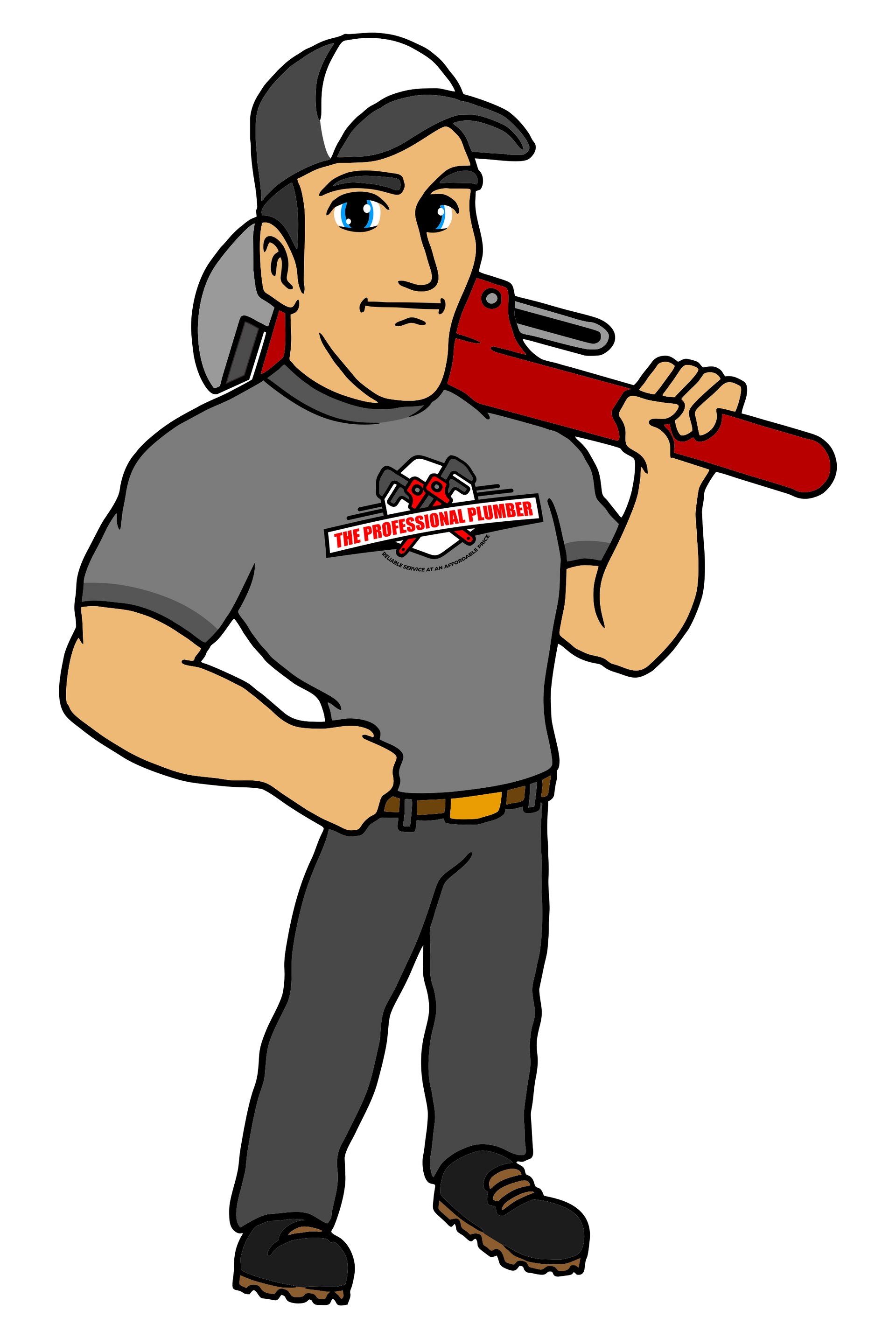 A cartoon of a plumber holding a wrench on his shoulder.