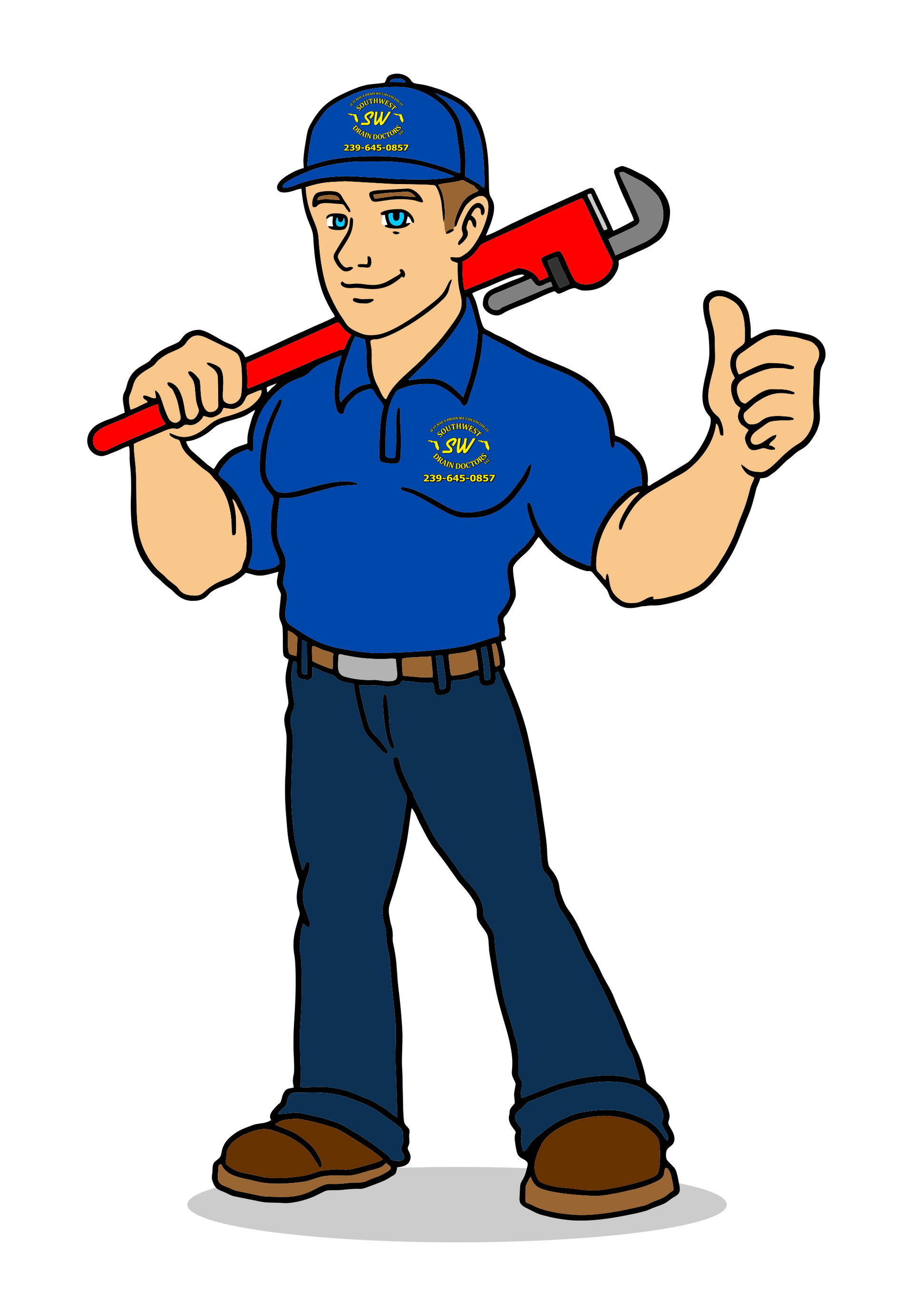 A cartoon of a plumber holding a wrench and giving a thumbs up.