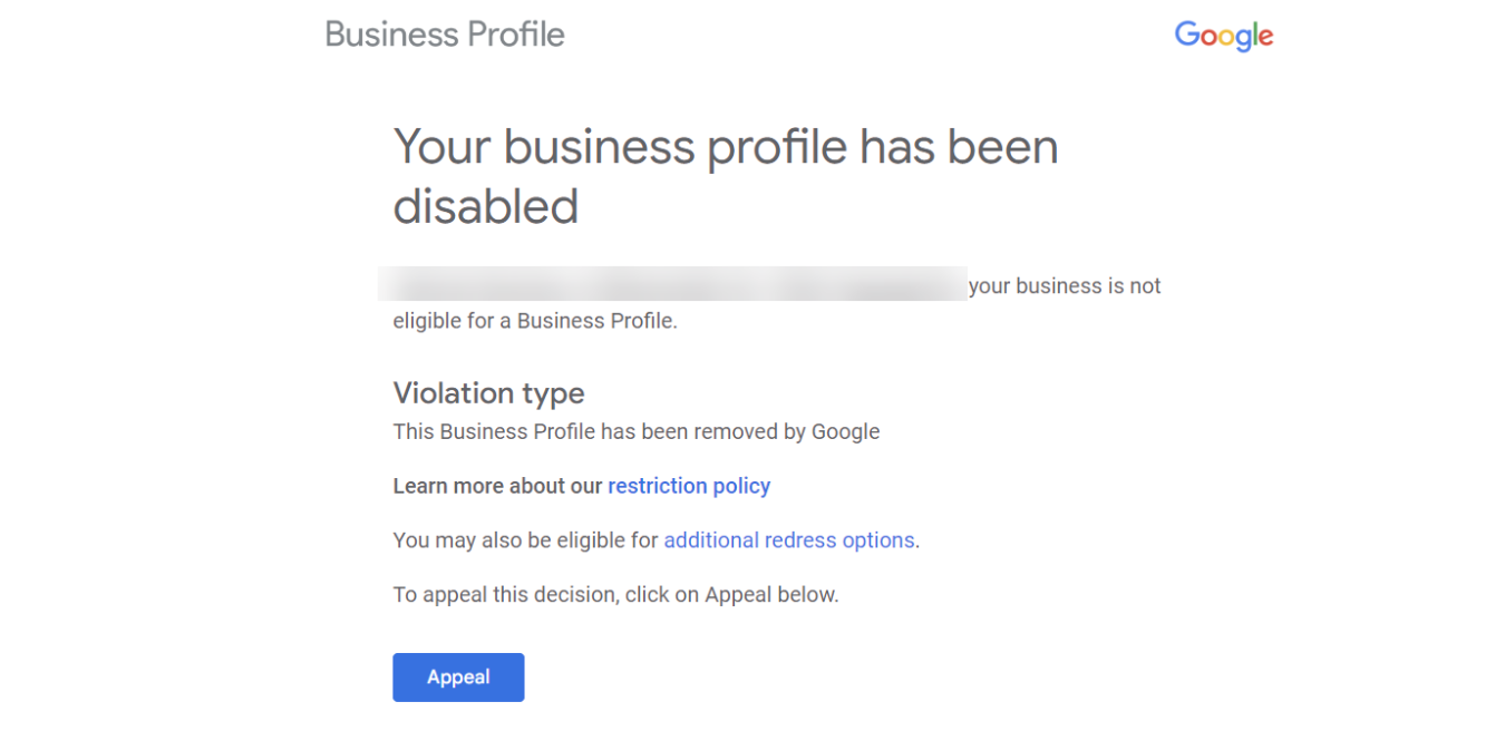 A screenshot of a google page that says your business profile has been disabled.