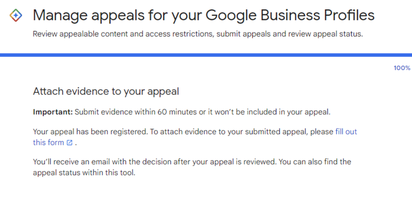 A screenshot of a page that says manage appeals for your google business profiles