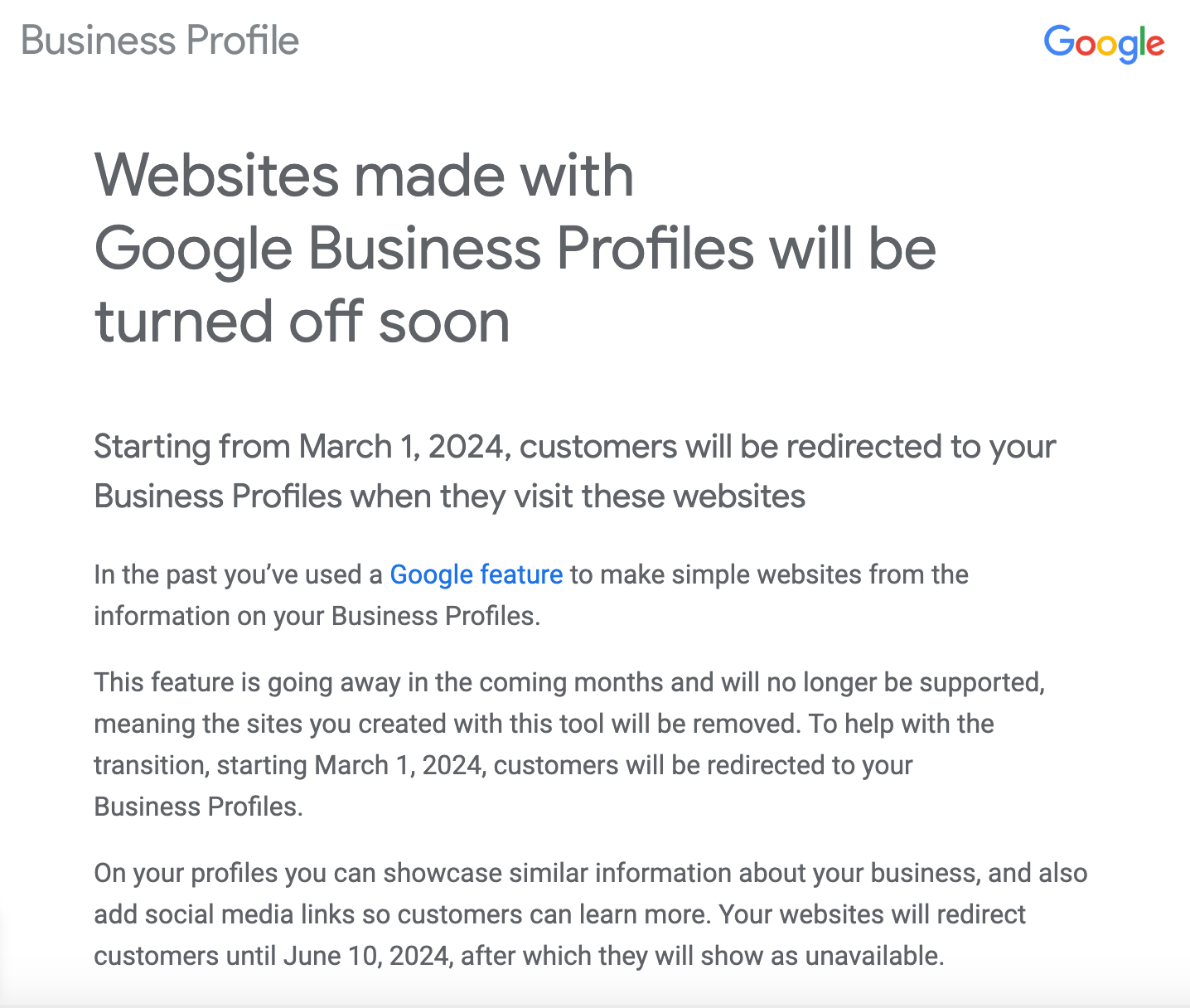A google page that says websites made with google business profiles will be turned off soon