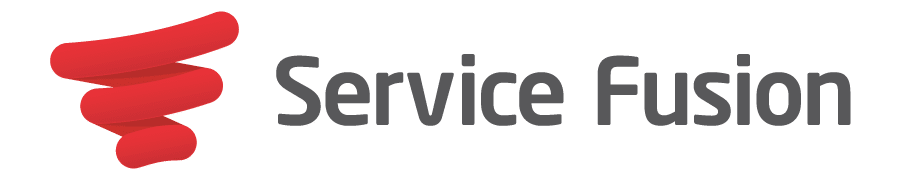 A service fusion logo with a red swirl on a white background
