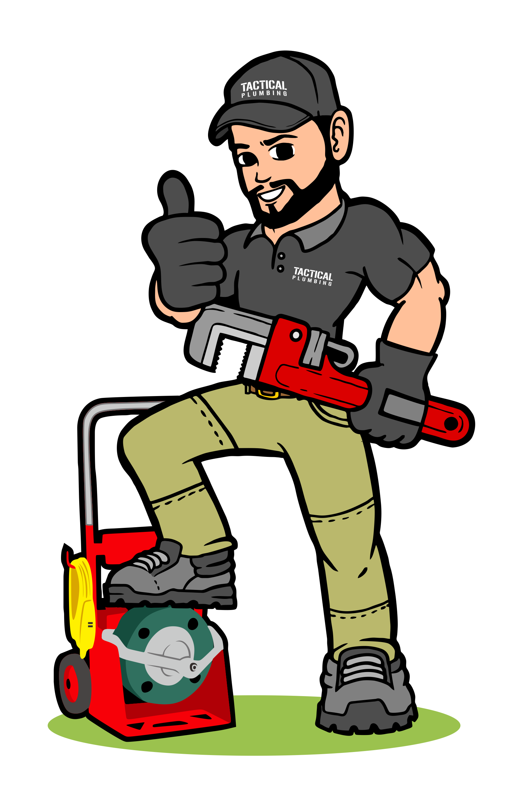 A cartoon of a plumber holding a wrench and giving a thumbs up.