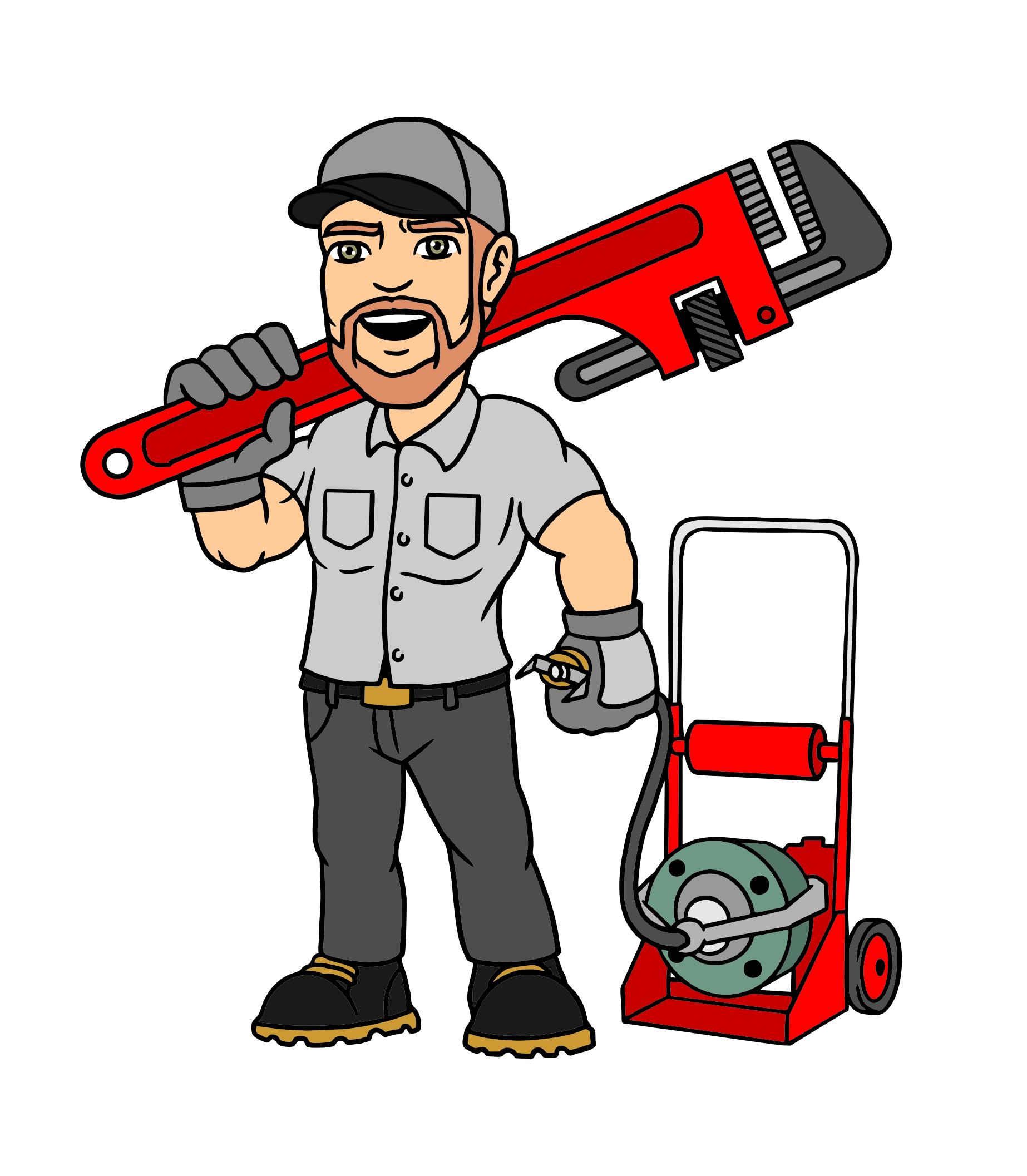 A cartoon of a plumber holding a wrench and a drain cleaner.