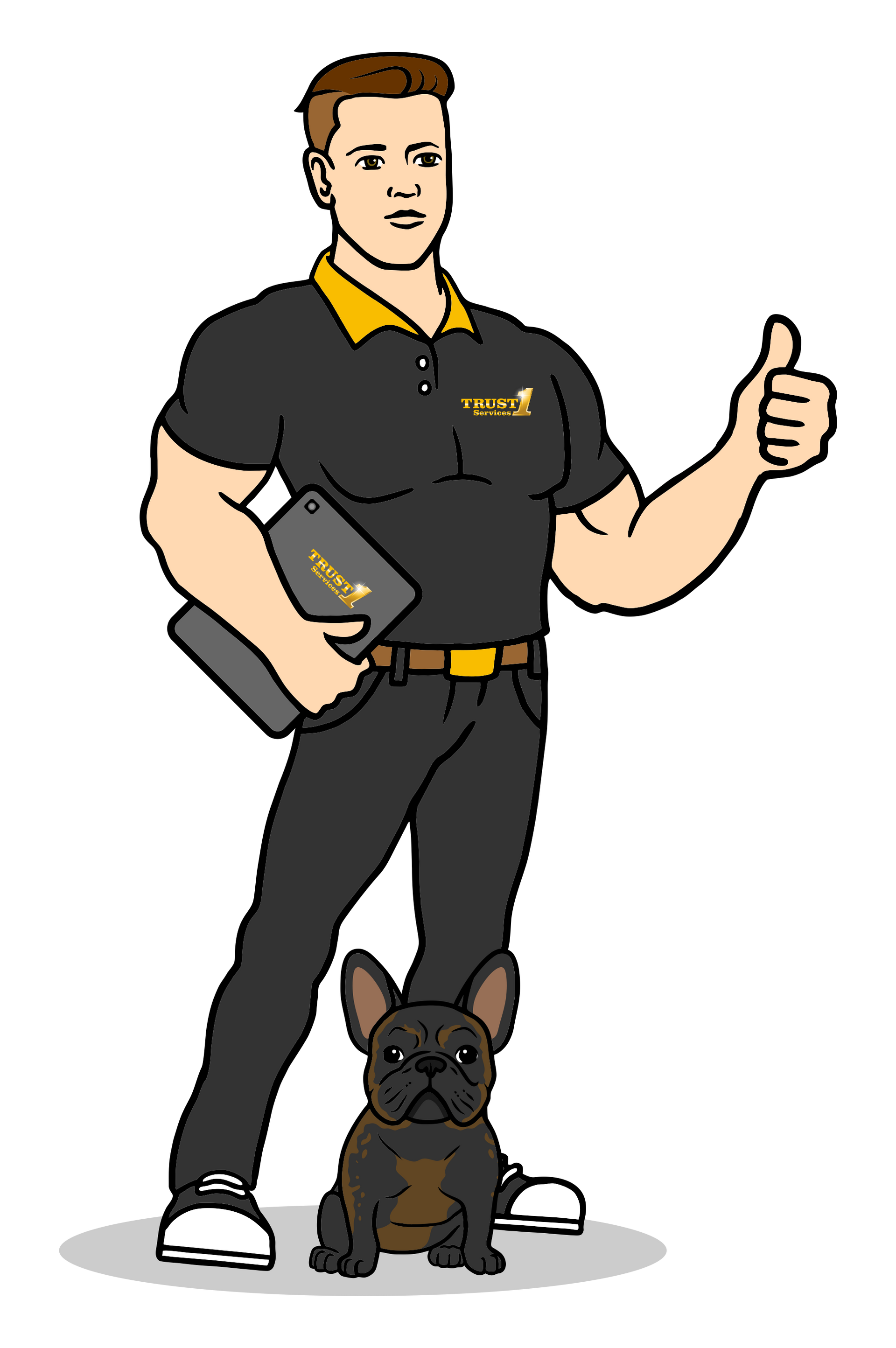 A man is standing next to a dog and giving a thumbs up.