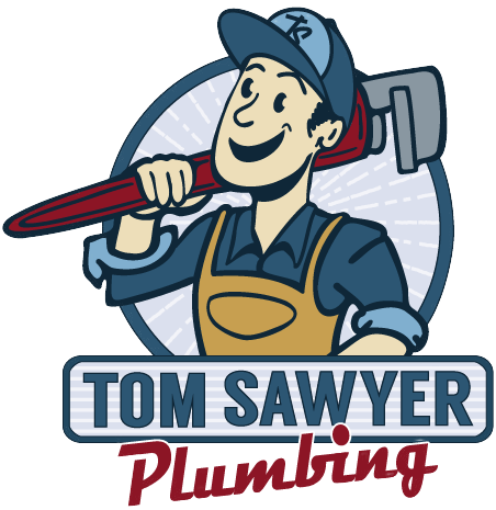 The logo for tom sawyer plumbing shows a man holding a wrench on his shoulder.