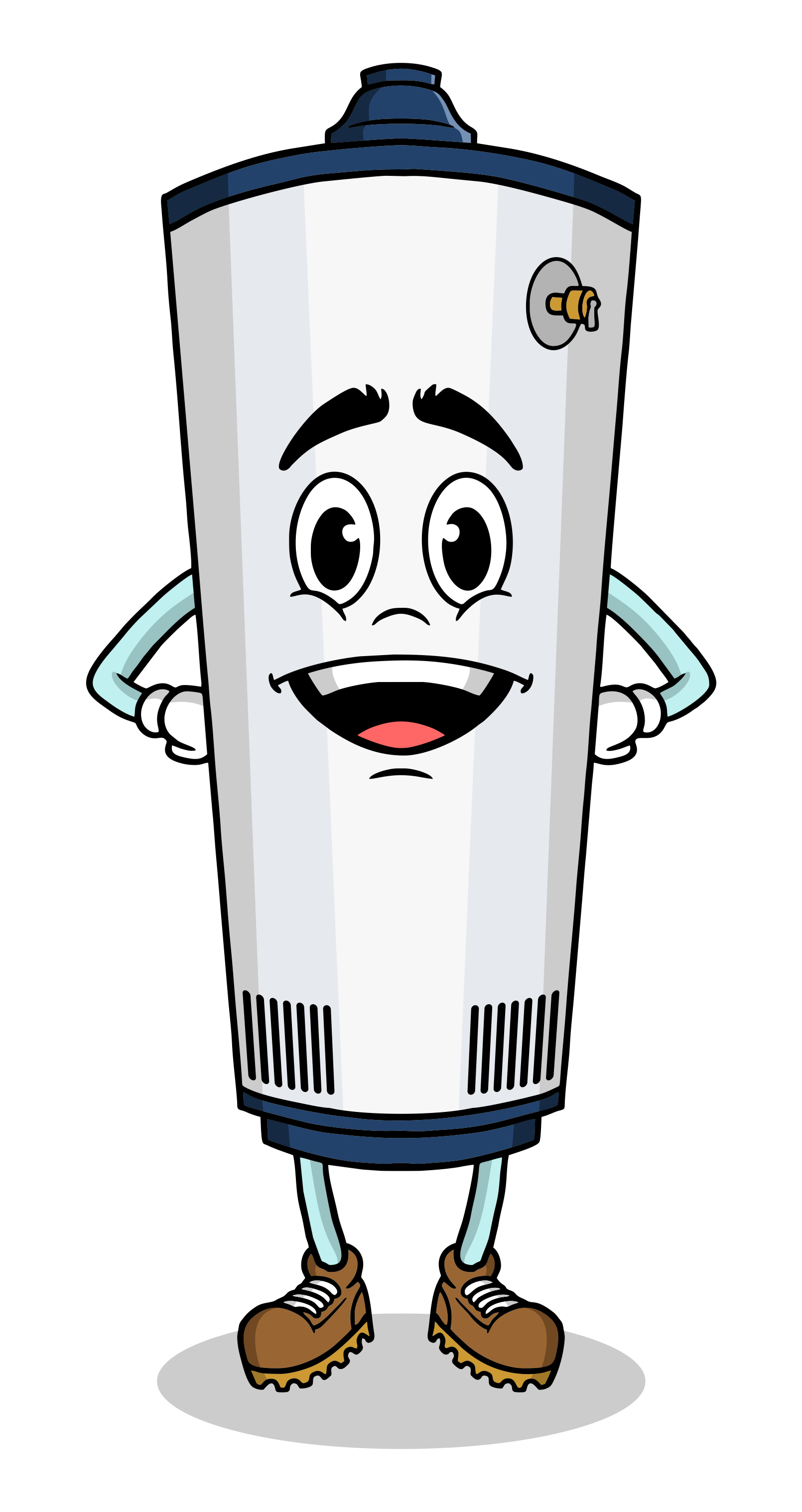 A cartoon illustration of a water heater with arms and legs and a smiling face.