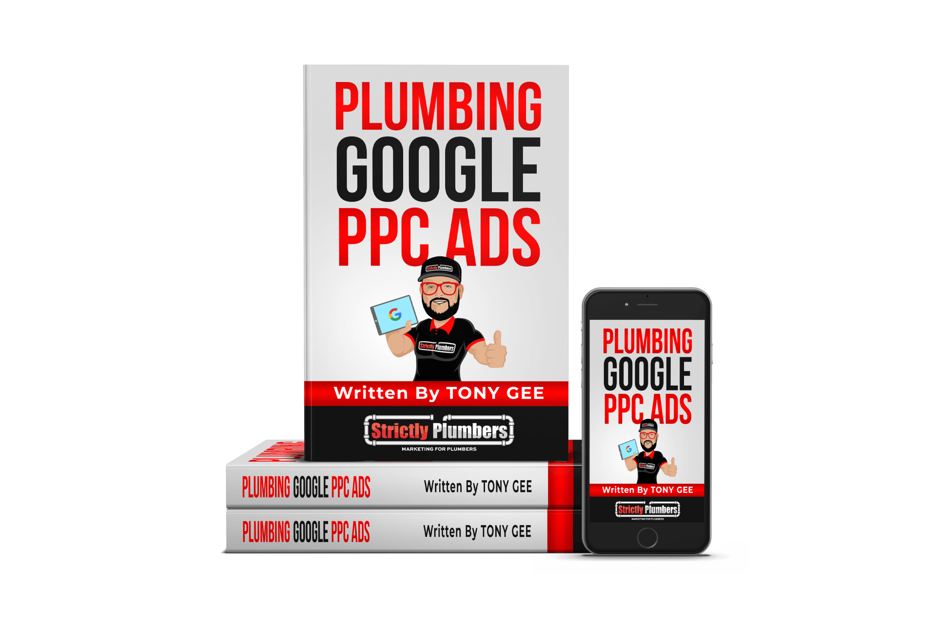 A book titled plumbing google ppc ads is stacked on top of each other next to a cell phone.
