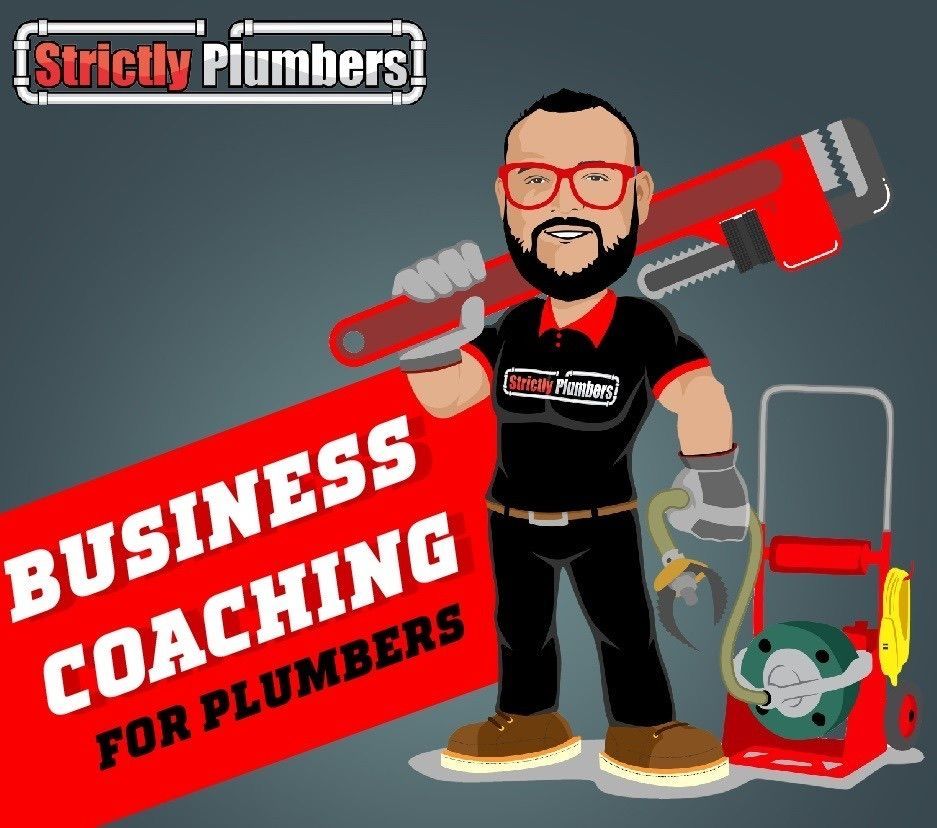 A cartoon of a man holding a pipe wrench and a sign that says business coaching for plumbers