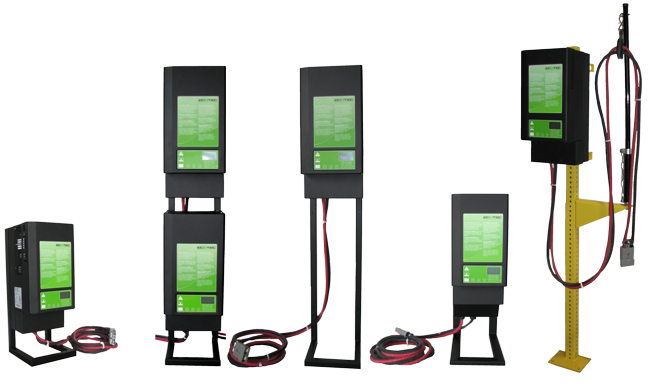 A row of electrical devices with green screens are lined up on a white background.