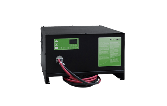 A black box with a green label and red wires attached to it.