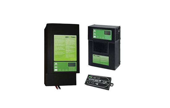 A black box with a green screen and a remote control on a white background.