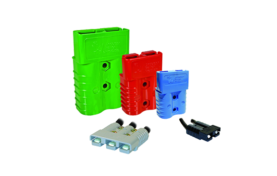 A group of different colored electrical connectors on a white background.