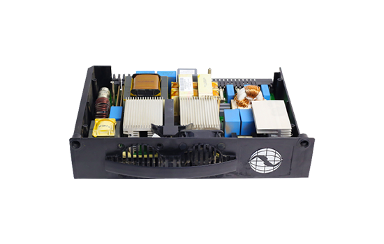 The inside of a computer power supply is shown on a white background.