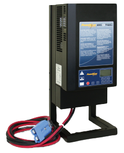 A black device with a blue label that says powertec