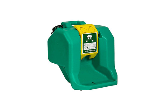 A green and yellow plastic container with a handle on a white background.