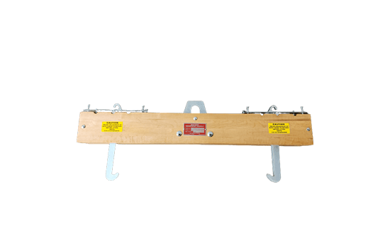 A wooden beam with hooks attached to it on a white background.