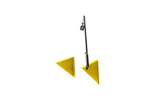 A pair of yellow triangle earrings hanging from a black pole.