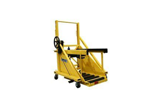 A yellow cart with wheels and a handle on a white background.