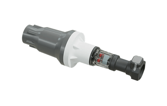 A close up of a gray and white electrical device on a white background.