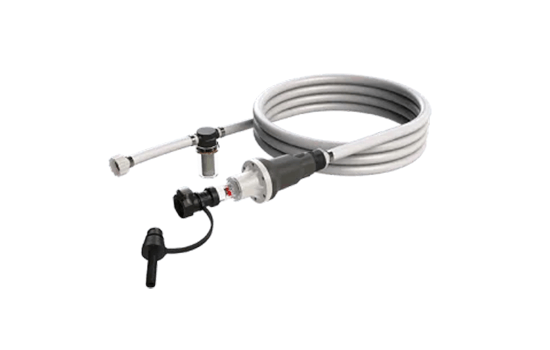 A close up of a hose with a connector on a white background