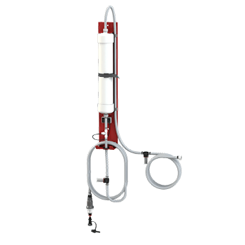A red and white pipe with a hose attached to it.