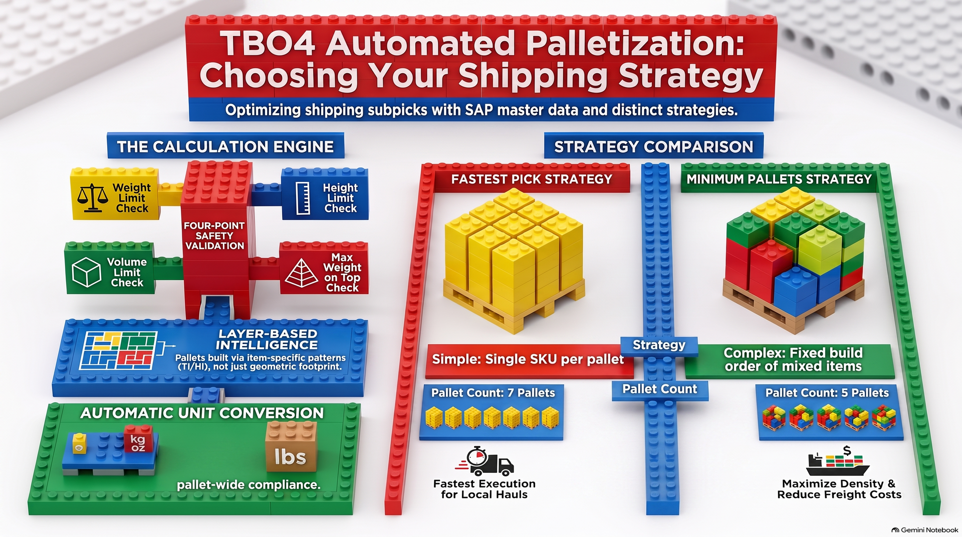 Infographic comparing TBO4 automated palletization shipping strategies with colored diagrams and labels