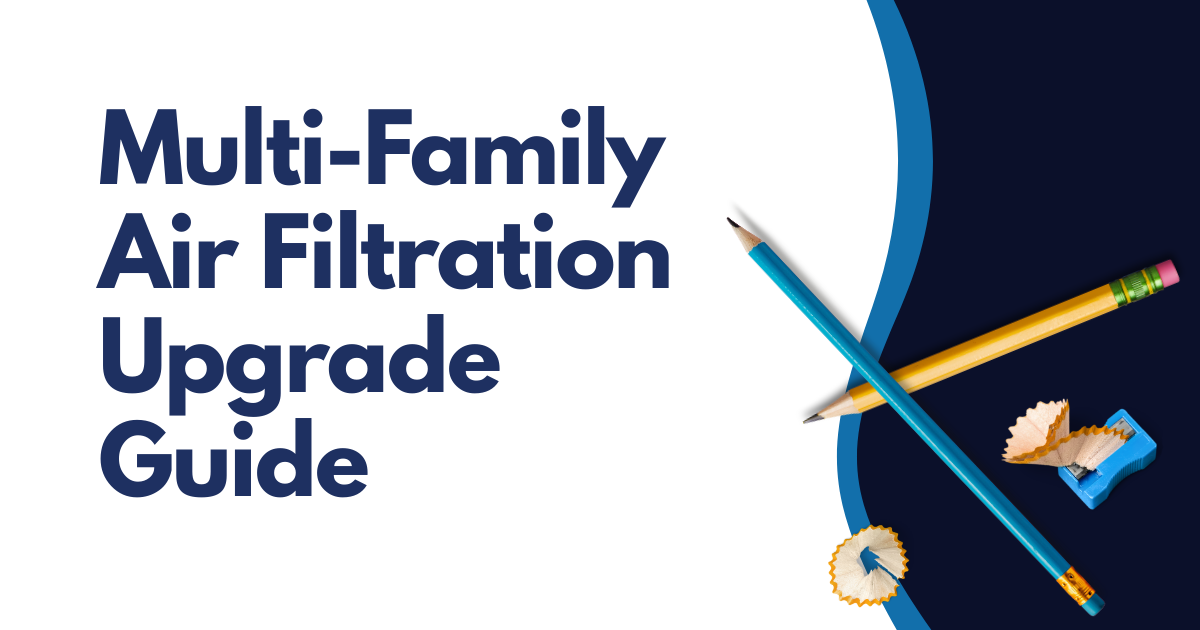Multi-Family Air Filtration Upgrade Guide cover with blue title and filter illustrations on a white and navy background