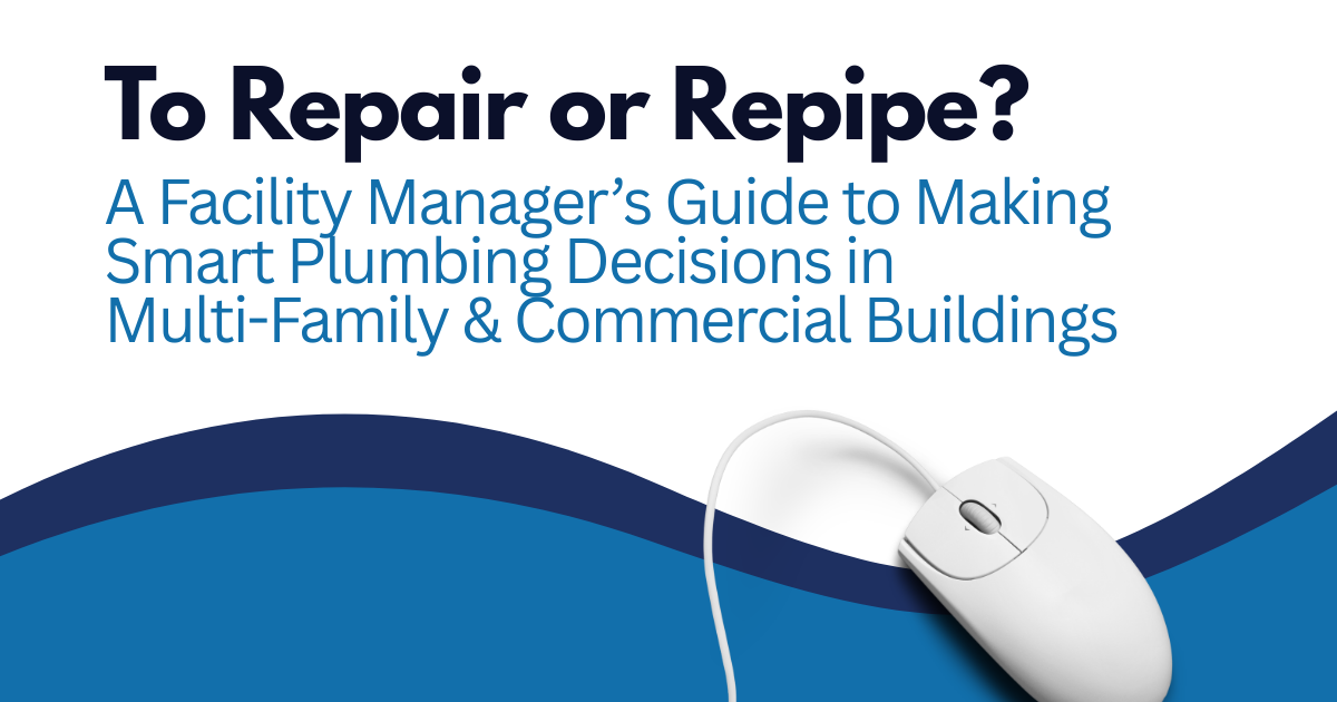Book cover with blue wave design, white mouse, and text “To Repair or Repipe?” about smart plumbing decisions